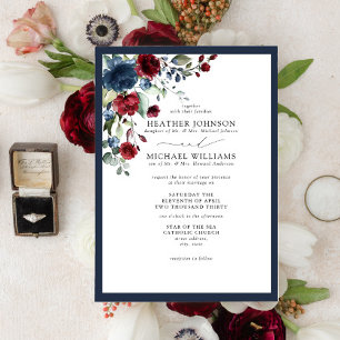 Invitation Script d'aquarelle florale bleu Bourgogne de la ma