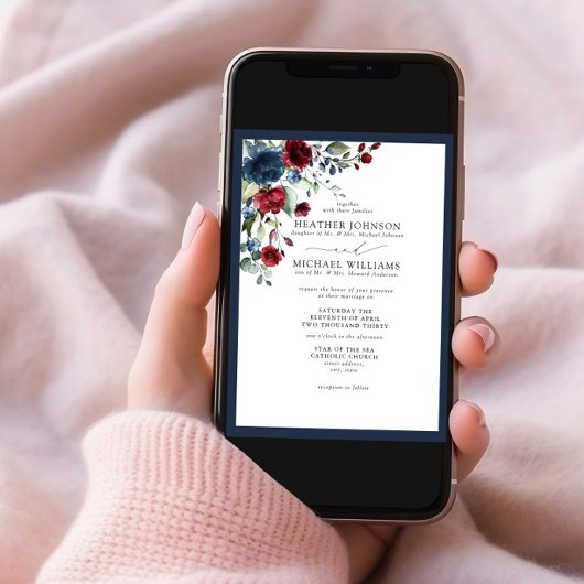 Invitation Script d'aquarelle florale bleu Bourgogne de la ma