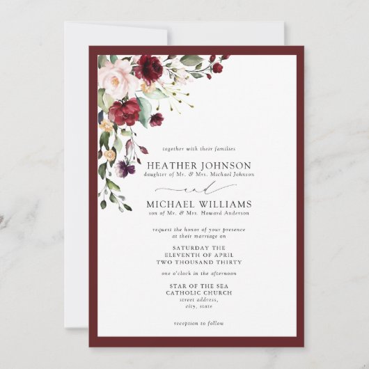 Invitation Script d'aquarelle florale Burgundy (Devant)