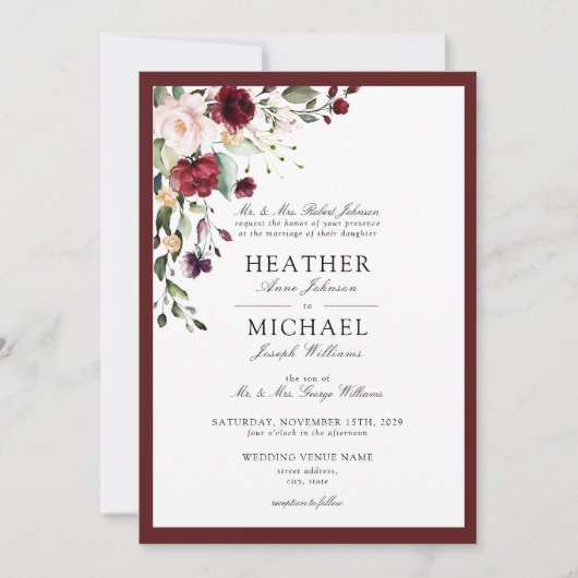 Invitation Script d'aquarelle florale Burgundy classique (Devant)