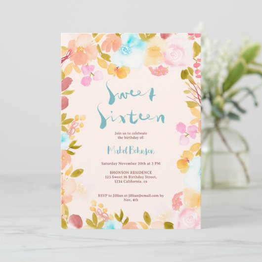 Invitation script d'aquarelle florale de saumons bleus Sweet  (Debout devant)