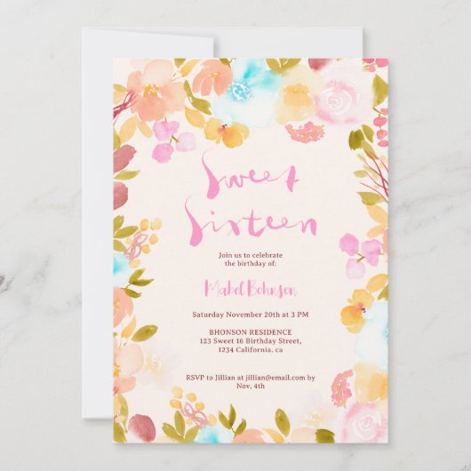 Invitation Script d'aquarelle florale Pastel boho Sweet 16 (Devant)