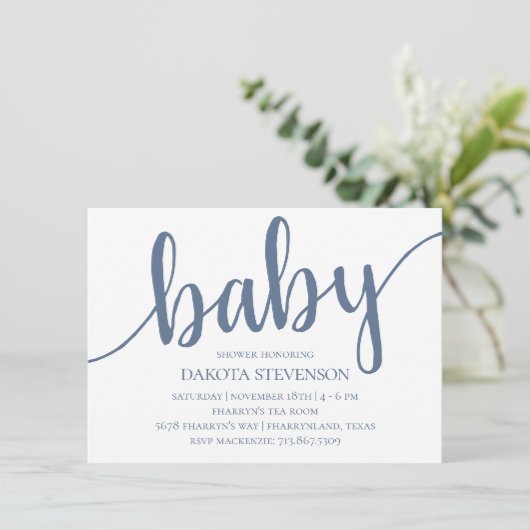 Invitation Script d'ardoise simple | Baby shower bleu Dusty D (Debout devant)