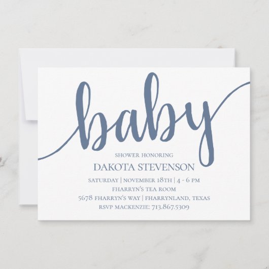 Invitation Script d'ardoise simple | Baby shower bleu Dusty D (Devant)