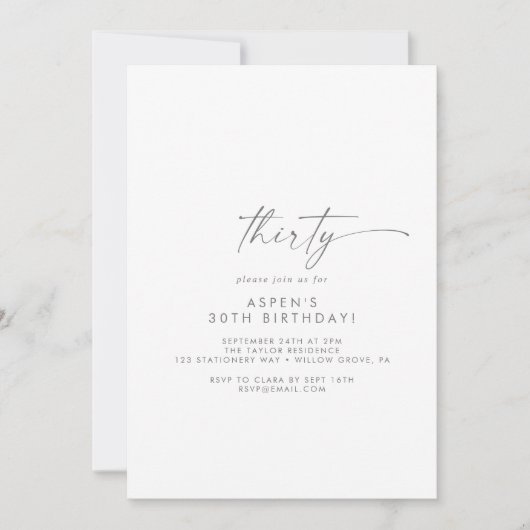 Invitation Script d'argent moderne 30e fête d'anniversaire (Devant)