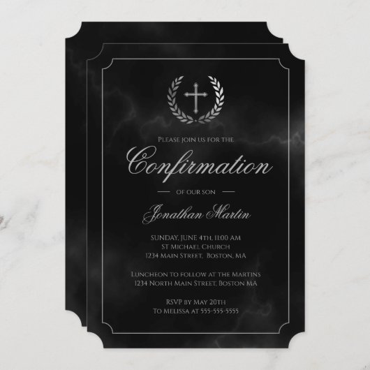Invitation Script d'argenterie en marbre noir élégant (Devant / Derrière)