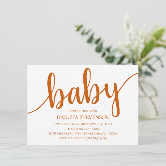 Invitation Script d'automne simple | Baby shower orange brûlé (Debout devant)