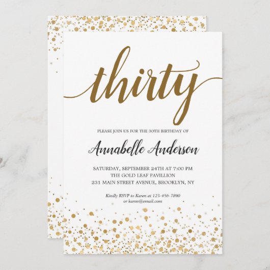 Invitation Script de 30e anniversaire Confetti d'or moderne (Devant / Derrière)