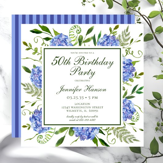 Invitation Script de 50e anniversaire de Blue Hydrangeas