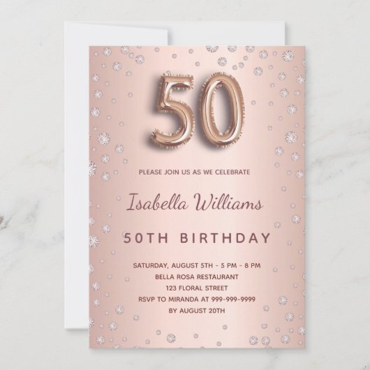 Invitation Script de 50e anniversaire rose or blush diamons (Devant)