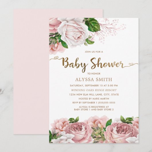 Invitation Script de Baby Shower Fille Bébé Rose Floral (Devant / Derrière)