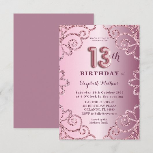 Invitation Script de ballon en glitter rose pour 13e annivers (Devant / Derrière)