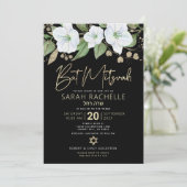 Invitation Script de Bat Mitzvah à l'or noir aquarelle floral (Debout devant)