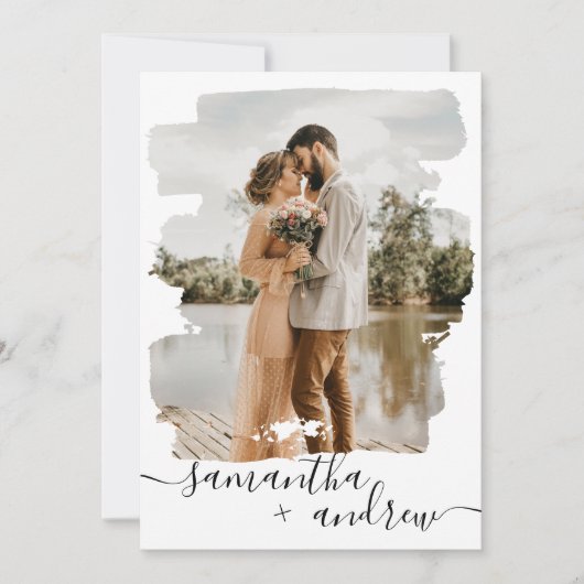 Invitation Script de brosse blanc moderne 2 photos mariage (Devant)