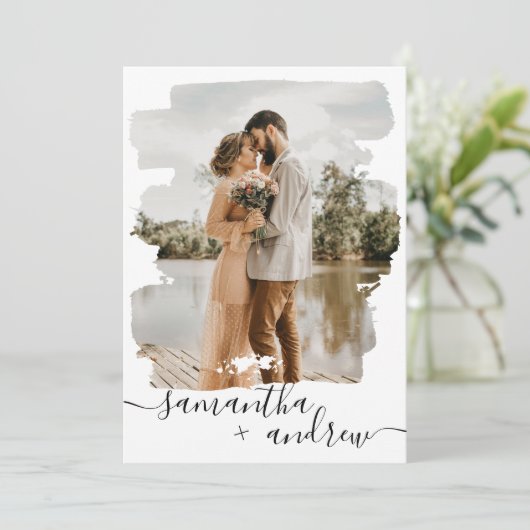 Invitation Script de brosse blanc moderne 2 photos mariage (Debout devant)