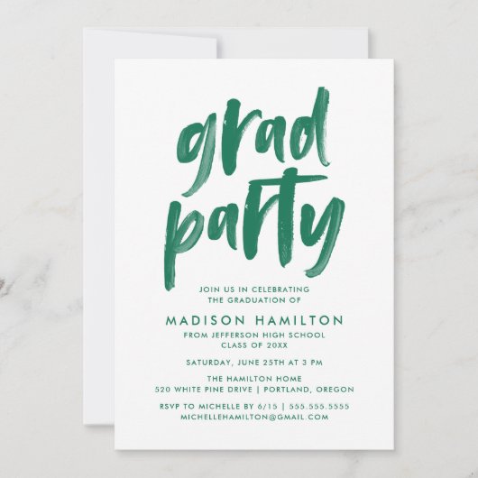 Invitation Script de brosse moderne Parti de graduation verte (Devant)