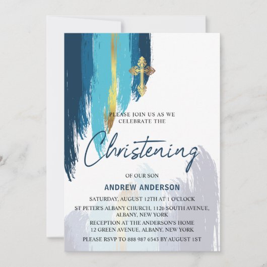 Invitation Script De Brush Moderne Gold Et Bleu Christing (Devant)
