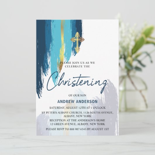 Invitation Script De Brush Moderne Gold Et Bleu Christing (Debout devant)
