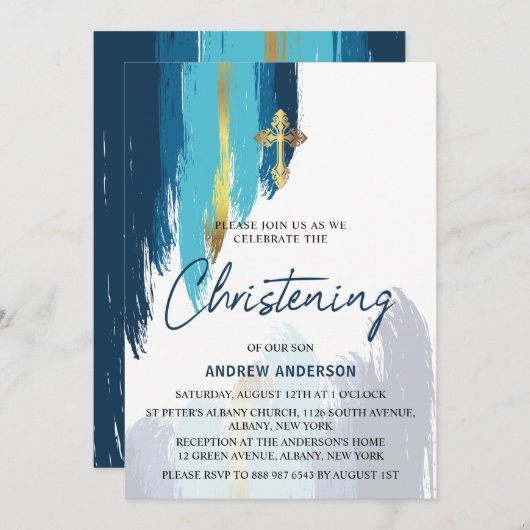 Invitation Script De Brush Moderne Gold Et Bleu Christing (Devant / Derrière)