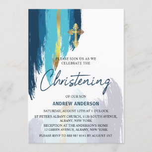 Invitation Script De Brush Moderne Gold Et Bleu Christing