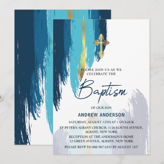 Invitation Script De Brush Moderne Or Et Baptême Bleu (Devant / Derrière)