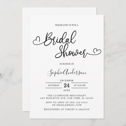 Invitation Script de calligraphie cardiaque Fête des mariées  (Devant / Derrière)