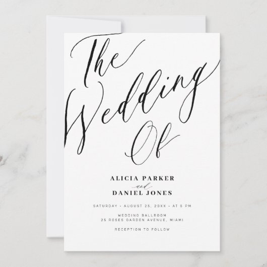 Invitation Script de calligraphie élégant mariage noir et bla (Devant)