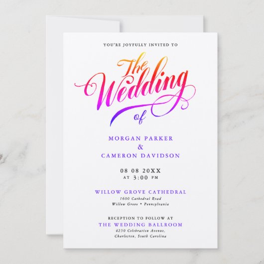 Invitation Script de calligraphie Mariage de couleur arc-en-c (Devant)