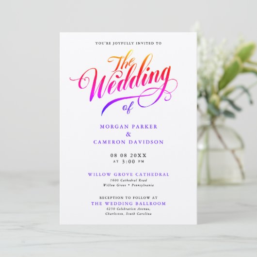 Invitation Script de calligraphie Mariage de couleur arc-en-c (Debout devant)
