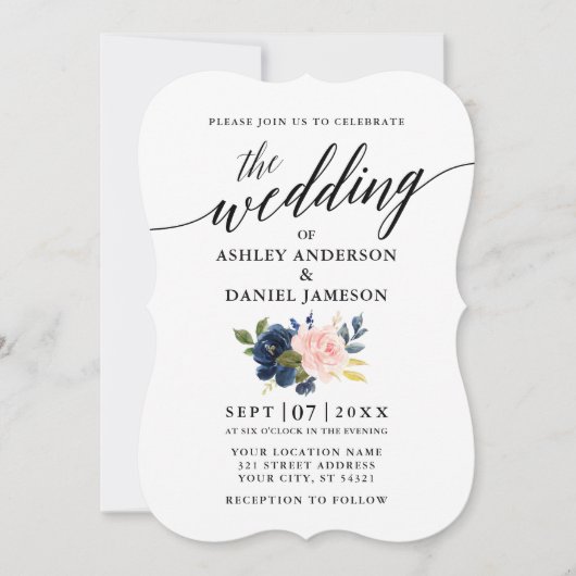 Invitation Script de calligraphie Mariage floral rose bleu (Devant)