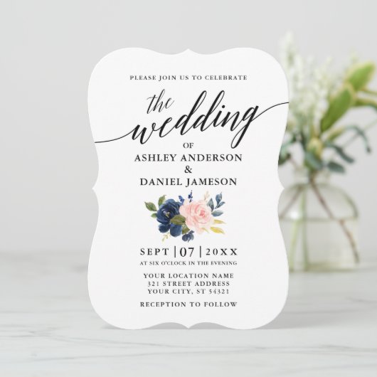 Invitation Script de calligraphie Mariage floral rose bleu (Debout devant)