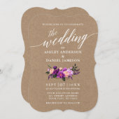 Invitation Script de calligraphie Mariage floral violet Kraft (Devant / Derrière)