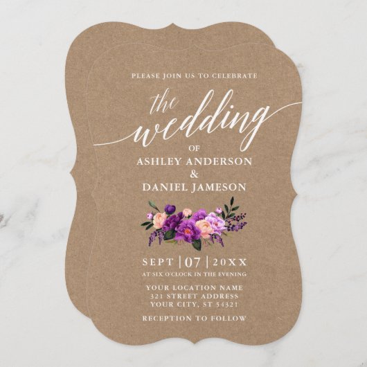 Invitation Script de calligraphie Mariage floral violet Kraft (Devant / Derrière)