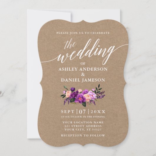 Invitation Script de calligraphie Mariage floral violet Kraft (Devant)