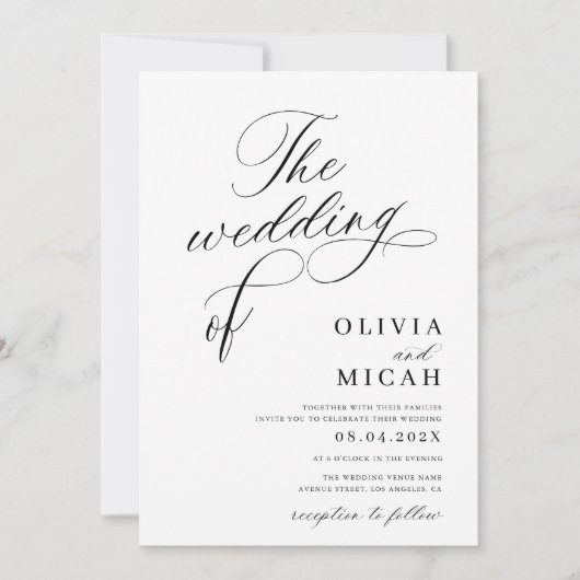 Invitation script de calligraphie mariage noir et blanc (Devant)