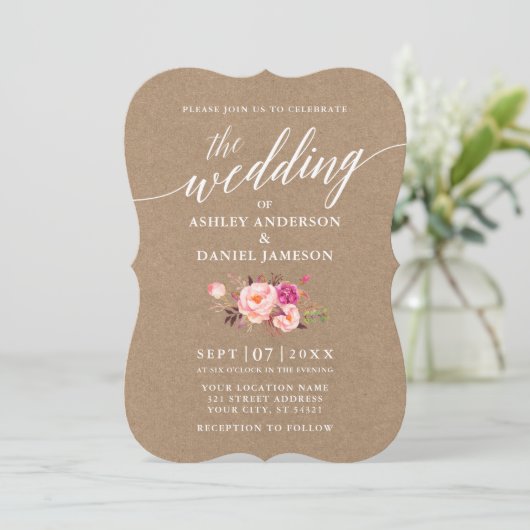 Invitation Script de calligraphie rose Mariage floral Kraft (Debout devant)