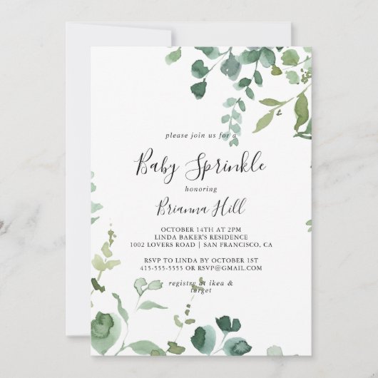 Invitation Script de calligraphie Vert Foliage Bébé Parsemer (Devant)