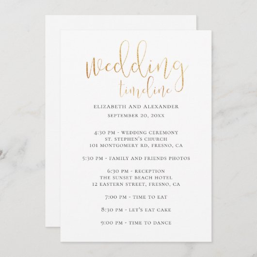 Invitation Script de chronologie de la fête de mariage. Calli (Devant / Derrière)