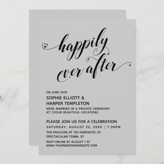 Invitation Script de coeurs à tout jamais gris de réception (Devant / Derrière)