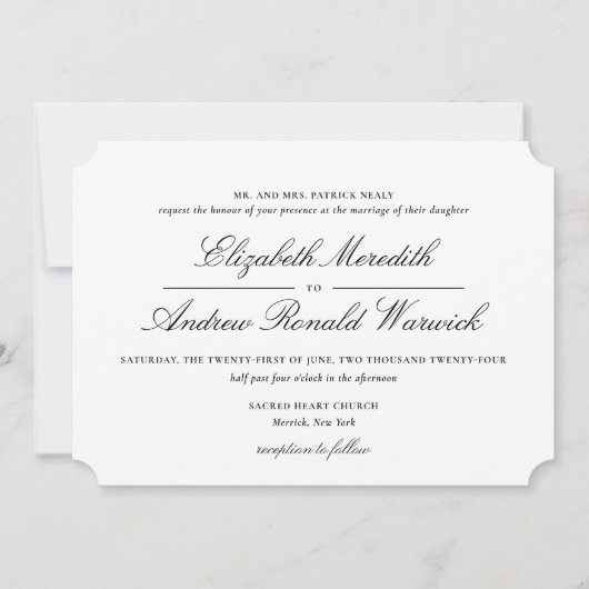 Invitation Script de dentelle noir et blanc sophistiqué (Devant)