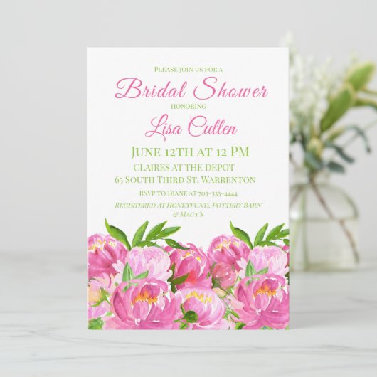 Invitation Script de Fête des mariées Aquarelle Pink Peonies (Debout devant)