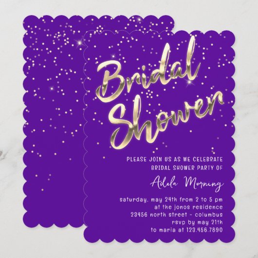 Invitation Script de Fête des mariées Confetti Or violet (Devant / Derrière)