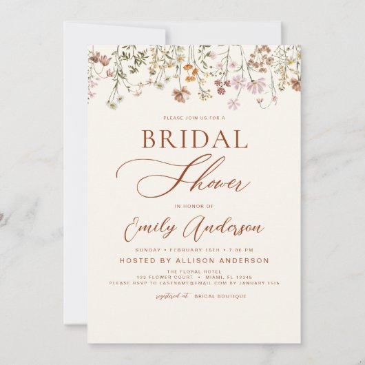 Invitation Script de Fête des mariées de Fleur sauvage Boho T (Devant)