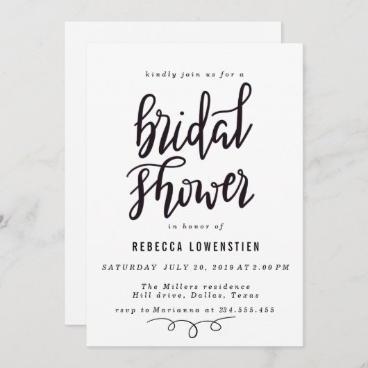 Invitation Script de Fête des mariées Élégant manuscrit minim (Devant / Derrière)