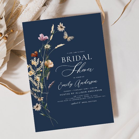 Invitation Script de Fête des mariées Fleur sauvage bleu mari
