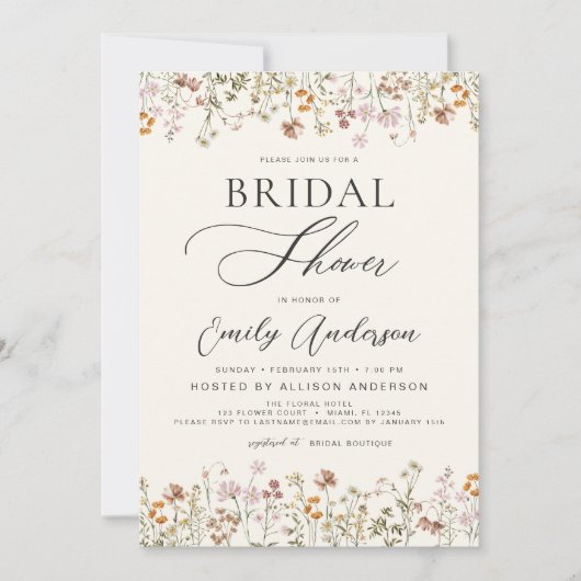 Invitation Script de Fête des mariées Fleur sauvage Boho (Devant)