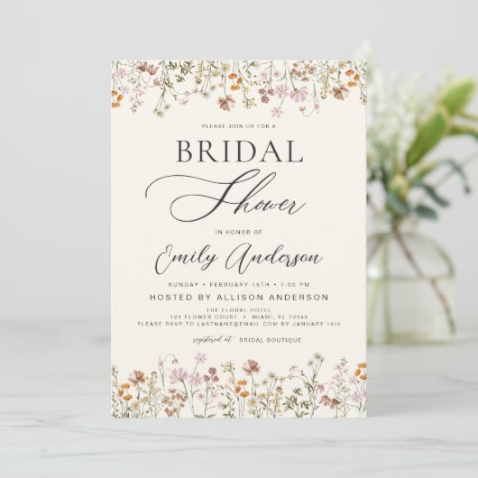 Invitation Script de Fête des mariées Fleur sauvage Boho (Debout devant)