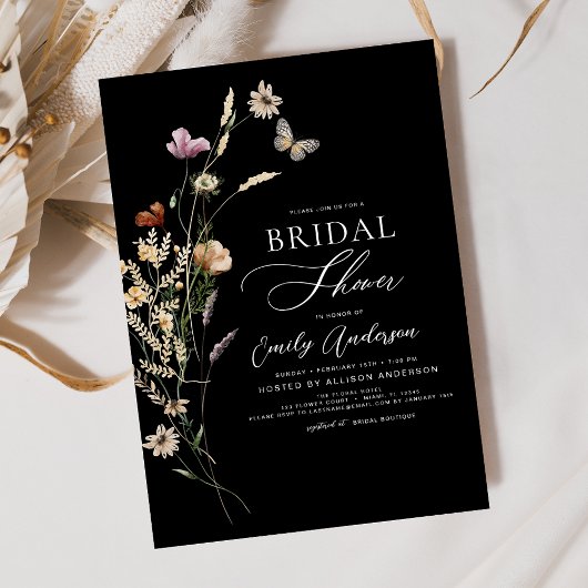 Invitation Script de Fête des mariées Fleur sauvage Boho noir