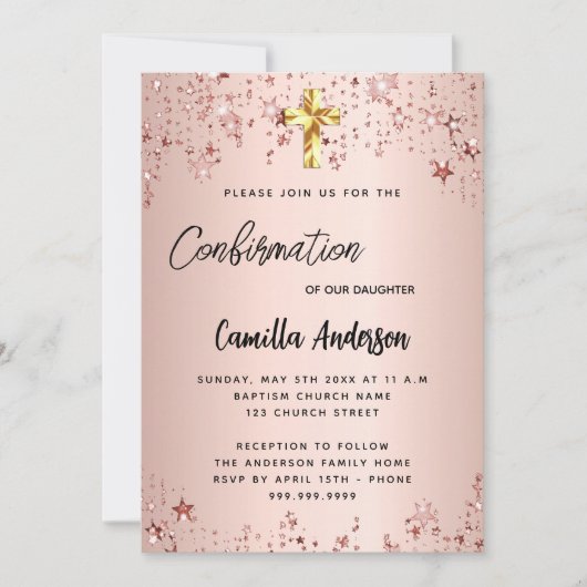 Invitation Script de fille étoile rose de confirmation (Devant)