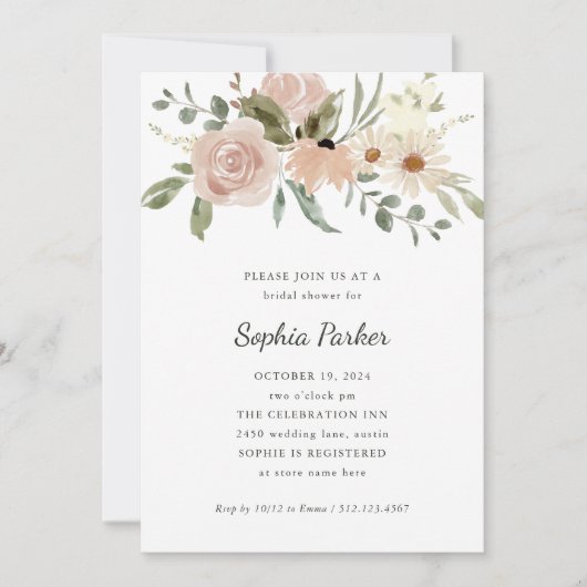 Invitation Script de fleurs d'aquarelle neutres | FÊTE DES MA (Devant)